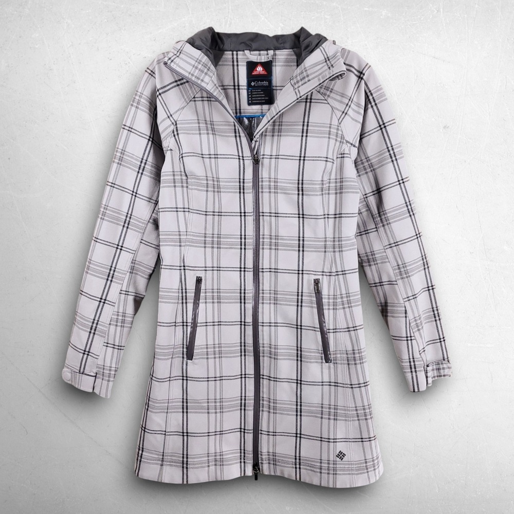 Columbia Omni Heat Hooded Softshell Jacket Women XS Gray Plaid Gorpcore Techwear